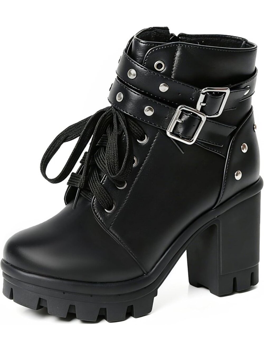 Women's Chunky Heel Black Buckle Rivets Block Heel Round Toe Zipper Ankle Boots